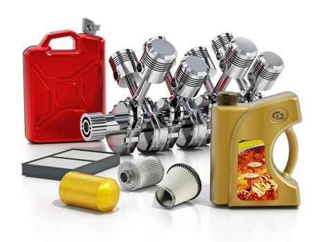V6 engine, gas canister, oil bottle and spare filters. 3D illustration.