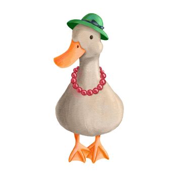 Cute cartoon duck mother with hat and beads. Hand drawn illustration isolated on white background. Funny Farm animal
