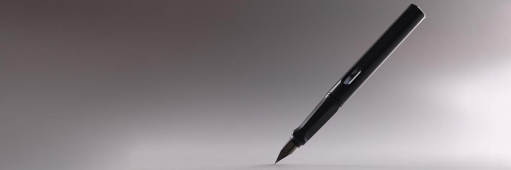 Close-up of black feather pen, sharp tip, tool for writing, refill ink container. Pen in grey background. Stationery, writing equipment, office concept