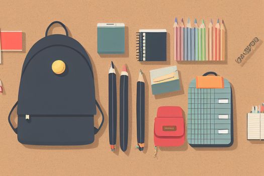 Backpack with various colorful stationery on a table of school supplies against a black background, back to school concept. 3D illustration