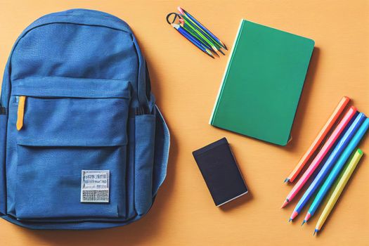 Backpack with various colorful stationery on a table of school supplies against a black background, back to school concept. 3D illustration