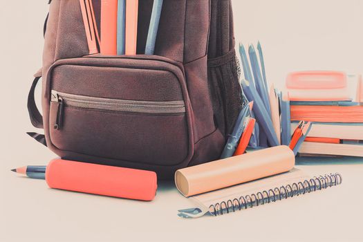 Backpack with various colorful stationery on a table of school supplies against a black background, back to school concept. 3D illustration