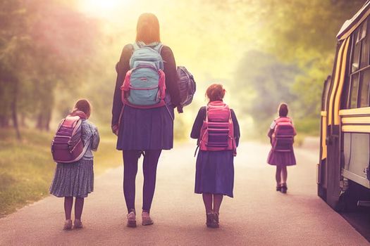 Mother on the way sending daughter girl to school bus in the first day of study learning. Back to school concept. 3D illustration
