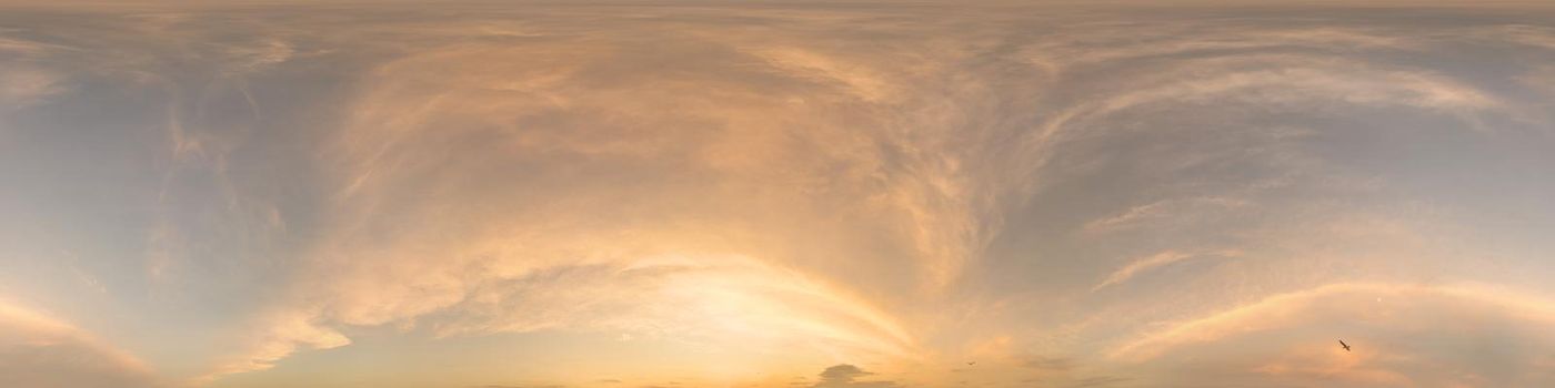 Sky panorama with Cirrus clouds in Seamless spherical equirectangular format. Full zenith for use in 3D graphics, game and editing aerial drone 360 degree panoramas for sky replacement