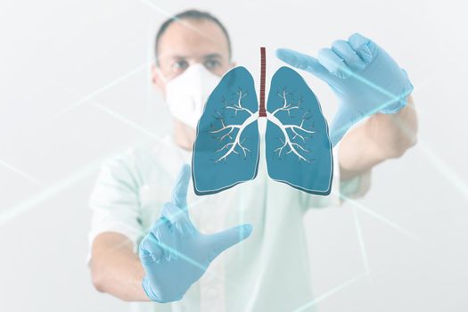 The doctor looks at the hologram of Lungs, checks the test result on the virtual interface and analyzes the data. Pneumonia, donation, innovative technologies, medicine of the future