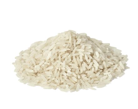 Close up of a pile of rice on white background