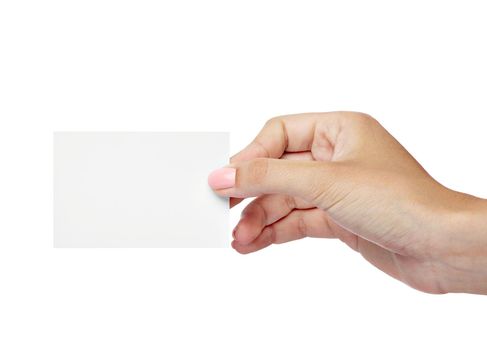 close up of a female hand holding blank note card sign on white background