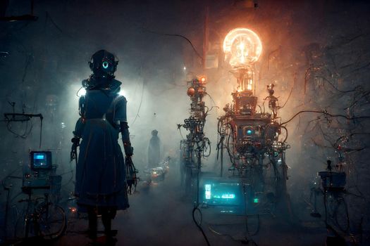 cyberpunk witchcraft in foggy hacker hideout near robotic wizard figure, neural network generated art. Digitally generated image. Not based on any actual scene or pattern.