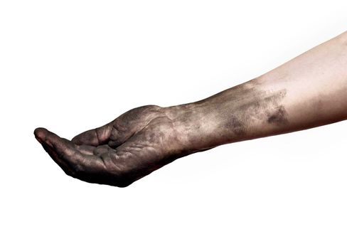 close up of a dirty worker hand help begging on white background