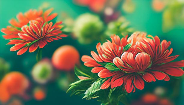 Digital art background Fresh floral background with Chrysanthemum flowers in red and orange, vibrant green foliage, and blurred plants