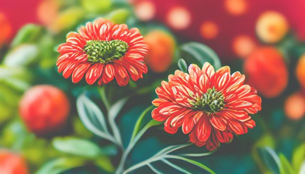 Digital art background Fresh floral background with Chrysanthemum flowers in red and orange, vibrant green foliage, and blurred plants