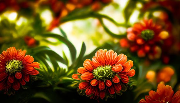 Digital art background Fresh floral background with Chrysanthemum flowers in red and orange, vibrant green foliage, and blurred plants