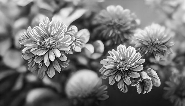 Digital art background Fresh floral background with Chrysanthemum flowers in red and orange, vibrant green foliage, and blurred plants
