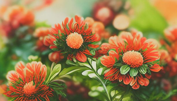 Digital art background Fresh floral background with Chrysanthemum flowers in red and orange, vibrant green foliage, and blurred plants