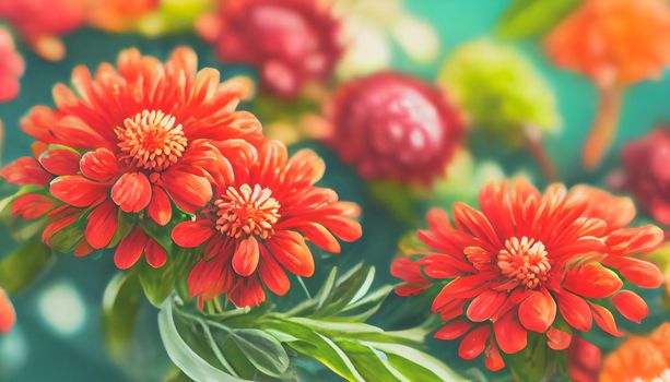 Digital art background Fresh floral background with Chrysanthemum flowers in red and orange, vibrant green foliage, and blurred plants