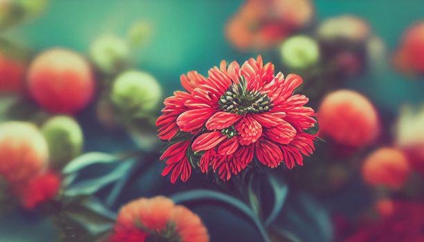 Digital art background Fresh floral background with Chrysanthemum flowers in red and orange, vibrant green foliage, and blurred plants