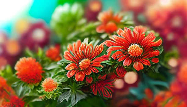 Digital art background Fresh floral background with Chrysanthemum flowers in red and orange, vibrant green foliage, and blurred plants