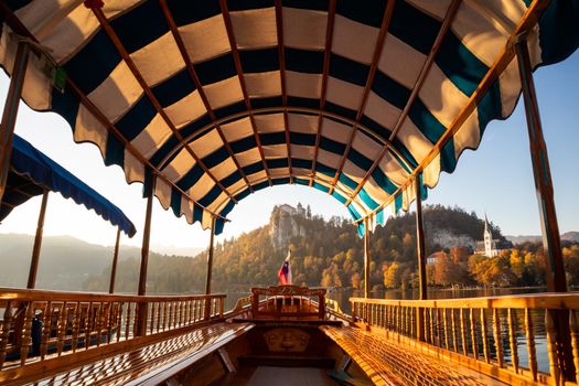 Interior of traditional pletna boat on lake Bled with old castle on the cliff, Bled, Slovenia