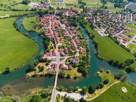 Kostanjevica na Krki Medieval Town Surrounded by Krka River, Slovenia, Europe. Aerial view