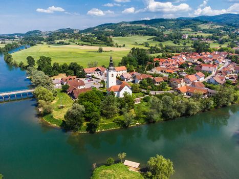 Kostanjevica na Krki Medieval Town Surrounded by Krka River, Slovenia, Europe. Aerial view