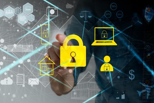 Data protection privacy concept. GDPR. EU. Cyber security network. Business man protecting data personal information on tablet. Padlock icon and internet technology networking connection on digital