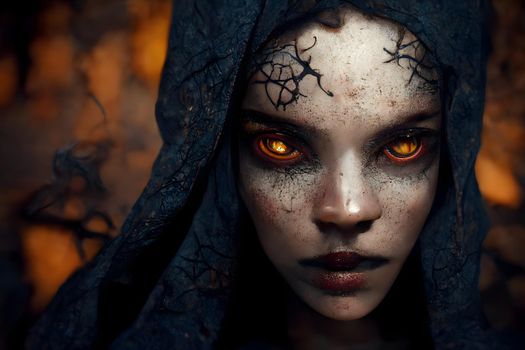facial portrait of fantasy witch woman in black hood with yellow eyes and black markings on skin, neural network generated art. Digitally generated image. Not based on any actual scene or pattern.