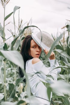 A brunette girl in a white dress in a cornfield. The concept of harvesting.
