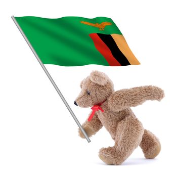 A Zambia flag being carried by a cute teddy bear