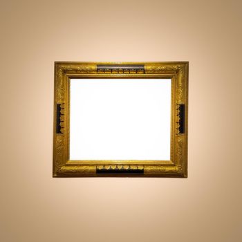 Antique art fair gallery frame on beige wall at auction house or museum exhibition, blank template with empty white copyspace for mockup design, artwork concept