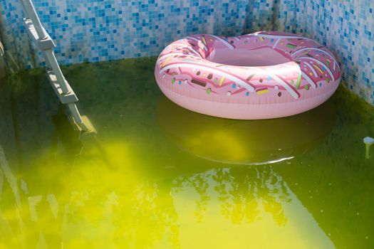 Back yard swimming pool behind modern single family home at pool opening with green stagnant algae filled water before cleaning