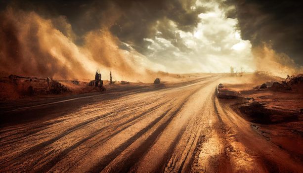 Dust sand cloud on a dusty road. Scattering trail on track from fast movement. Digital illustration.
