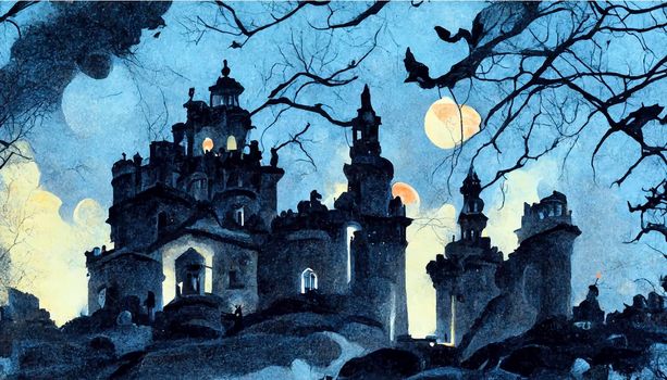 halloween house of terror, full moon. halloween-themed illustration. realistic Halloween background.