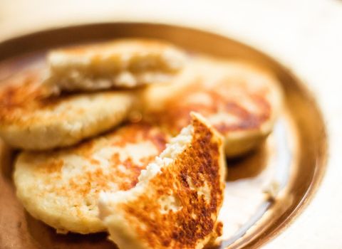 Lactose free, low carb cottage cheese pancakes, cookbook recipe - healthy nutrition, rustic and traditional food concept. Your favourite homemade breakfast is served