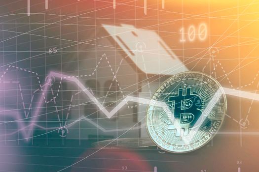 Chart of selling and buying bitcoin on the exchange. The fall in the rate of cryptocurrencies. Trading on the stock exchange. Screen with table and course chart.