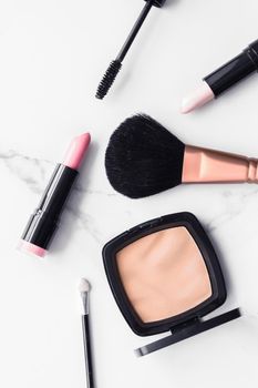 Modern feminine lifestyle, blog background and styled stock concept. Beauty and fashion inspiration - Make-up and cosmetics flatlay on marble