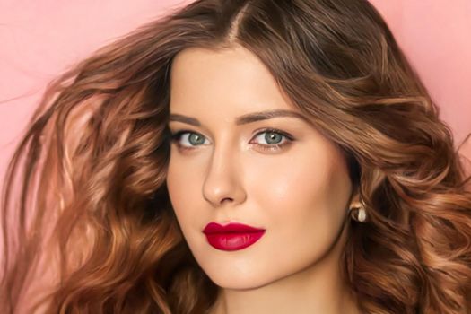 Beauty face portrait, beautiful woman with long wavy hairstyle and chic make-up on pink background, bridal makeup, fashion and glamour model look for skincare, cosmetics and hair care concept