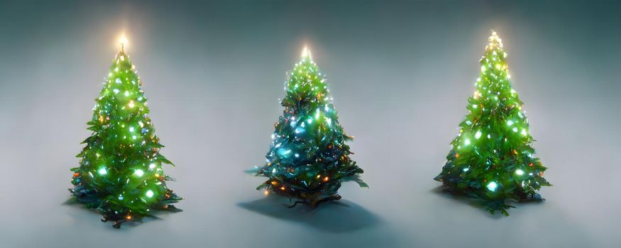 three christmas trees on gray backgounde, neural network generated art. Digitally generated image. Not based on any actual scene or pattern.
