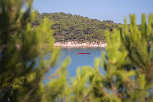 rowing team paddles on the tranquil sea. High quality photo