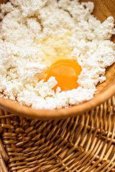 Flour, eggs and cottage cheese, rustic cookbook recipe - weekend cooking, food blog and homemade cuisine concept. Making your favorite pastry