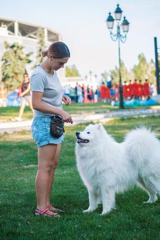 An adult woman with red hair plays and strokes her dog of the Samoyed breed. White fluffy pet in a park with mistress on a green lawn have fun. High quality photo