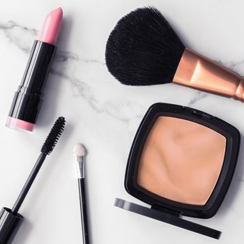 Modern feminine lifestyle, blog background and styled stock concept. Beauty and fashion inspiration - Make-up and cosmetics flatlay on marble