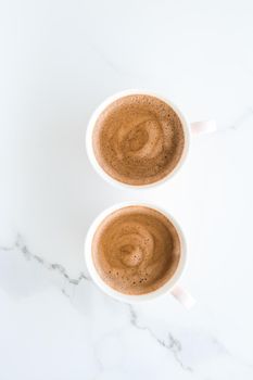 Breakfast, drinks and modern lifestyle concept - Hot aromatic coffee on marble, flatlay