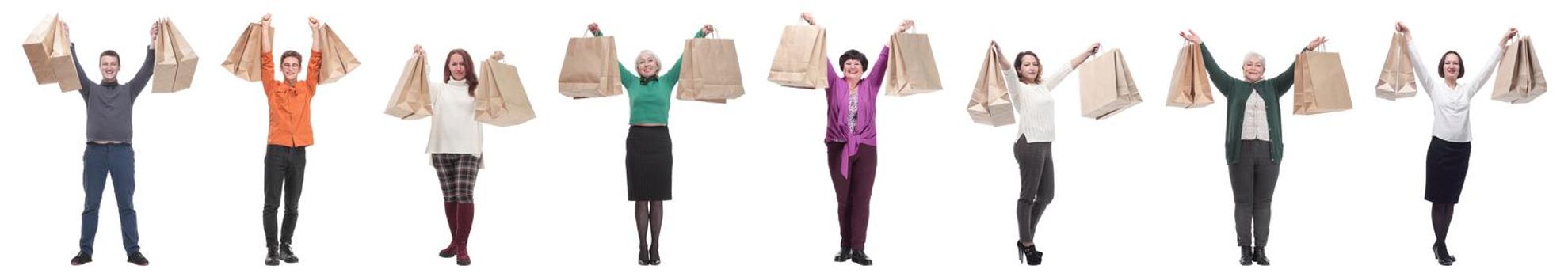 collage of shoppers holding shopping bags high