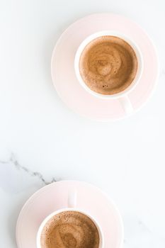 Breakfast, drinks and modern lifestyle concept - Hot aromatic coffee on marble, flatlay