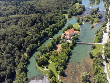 Romantic Otocec Castle on Krka River in Slovenia. Drone View