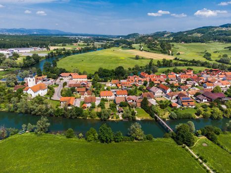 Kostanjevica na Krki Medieval Town Surrounded by Krka River, Slovenia, Europe. Aerial view