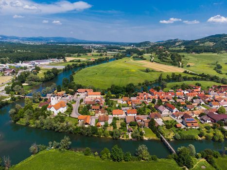 Kostanjevica na Krki Medieval Town Surrounded by Krka River, Slovenia, Europe. Aerial view