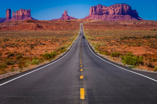 Highway Road U.S. Highway 163 and Monument Valley at sunset, Arizona, United States