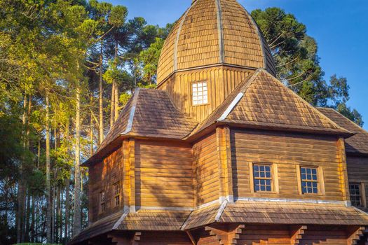 Wooden orthodox ukrainian church in Curitiba at sunrise, capital of Parana state, Brazil