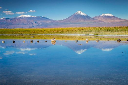 Licancabur volcanic landscape and salt lake reflection in Atacama Desert, Chile, South America
